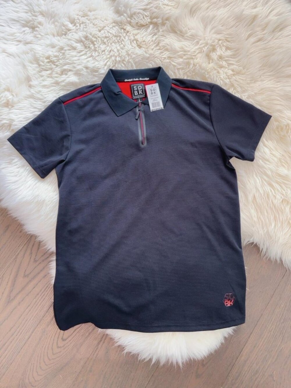 NWT SOBK Men's Zippered Polo Shirt Navy/Red Large